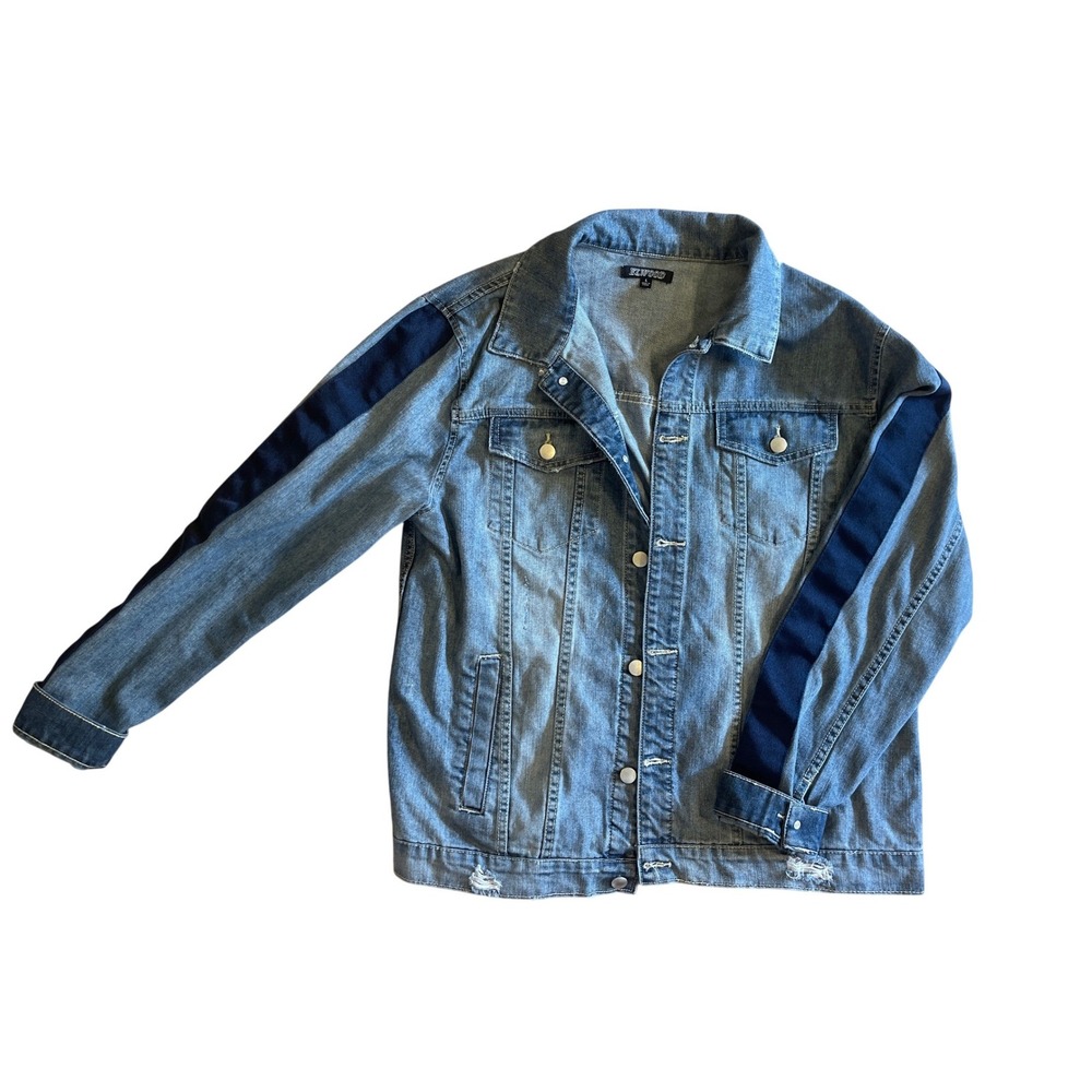 Trucker Grunge Mens Distressed Denim Jacket Blue Striped Sleeve Elwood Large